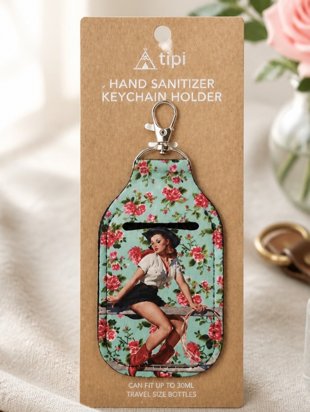 Vintage Cowgirl Design Travel Size Hand Sanitizer / Keyholder New